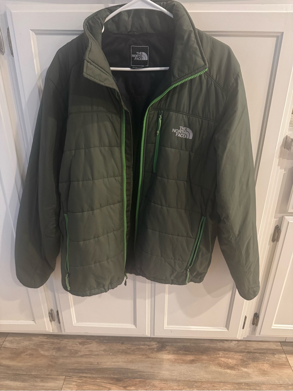 The North Face Men’s Dark Olive Green Puffer Jacket with Lime Trim